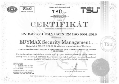 EDYMAX Facility Management SE ISO 9001:2015 / STN EN ISO 9001:2016
